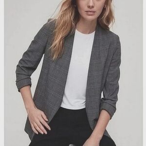 Aritzia Babaton Power Hip Grey Blue Windowpane Plaid Open Front Blazer Jacket 0